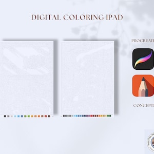 Pu&ograve; includere: Due pagine da colorare digitali per iPad, con la scritta "DIGITAL COLORING IPAD" in alto. L'immagine include le icone delle app Procreate e Concepts. Una tavolozza colorata &egrave; mostrata nella parte inferiore di ogni pagina.