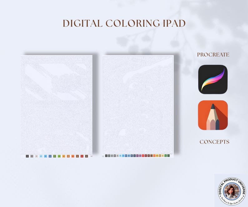 Pu&ograve; includere: Due pagine da colorare digitali per iPad, con la scritta "DIGITAL COLORING IPAD" in alto. L'immagine include le icone delle app Procreate e Concepts. Una tavolozza colorata &egrave; mostrata nella parte inferiore di ogni pagina.