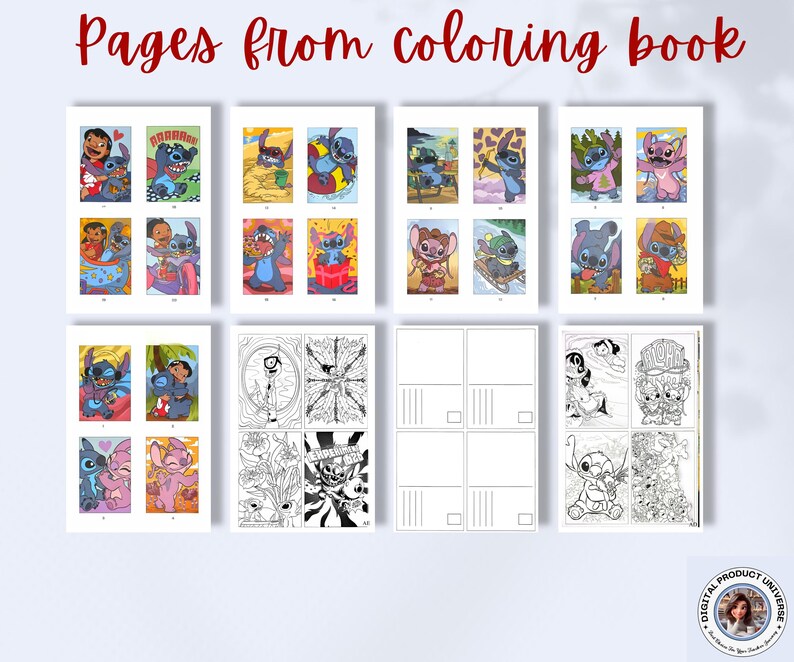 Puede incluir: Una colecci&oacute;n de p&aacute;ginas de libros para colorear con el personaje Stitch de la pel&iacute;cula de Disney Lilo & Stitch. Las p&aacute;ginas incluyen ilustraciones en color y en blanco y negro, con el texto "Pages from coloring book" en la parte superior.