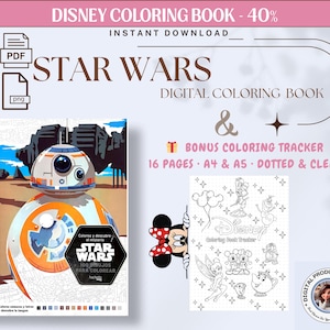 May include: Digital coloring book featuring Star Wars and Disney characters. The Star Wars book has 100 drawings to color. Includes a bonus coloring tracker with 16 pages, A4 & A5 size, dotted and clean. The image also shows the text "DISNEY COLORING BOOK - 40%" and "INSTANT DOWNLOAD".