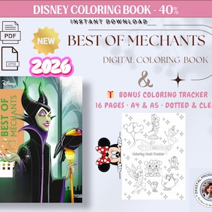 以下が含まれることがあります： 「BEST OF MECHANTS」と「2026」の文字が入った、ディズニーのデジタル塗り絵。ボーナス塗り絵トラッカー付きで、16ページ、A4・A5サイズ、点線とクリーンなページが含まれています。表紙はマレフィセントです。