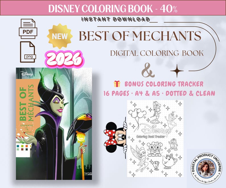 以下が含まれることがあります： 「BEST OF MECHANTS」と「2026」の文字が入った、ディズニーのデジタル塗り絵。ボーナス塗り絵トラッカー付きで、16ページ、A4・A5サイズ、点線とクリーンなページが含まれています。表紙はマレフィセントです。