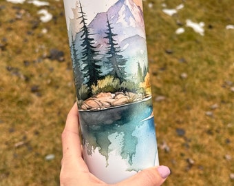 Mountain scene tumbler|Tumbler|Mountain tumbler|personalized|Gift for her|Pine tree tumbler|Matte tumbler|Lake tumbler|Outdoor tumbler|Cute