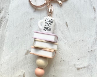 Coffee teach repeat|Teacher keychain|Teaching keychain|Silicone keychain|Boho keychain|keyring|silicone|Book keychain|Teacher appreciation