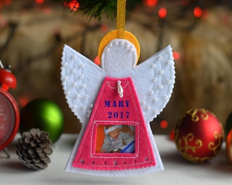 Name on Christmas gift Felt angel ornament and accents Christmas gifts grandparents Pink blue ornaments New parents Christmas frame gift