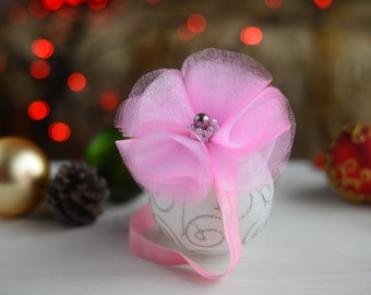 Pink nylon headband Flower headband or tiara Sweet baby headband or bow Baby hair accessories Christmas gift nursery Photo prop baby girl