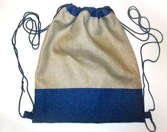 Fabric drawstring bag Mens large drawstring bag with lining Everyday bags Denim bag for men Linen backback tote bag Best gift for him
