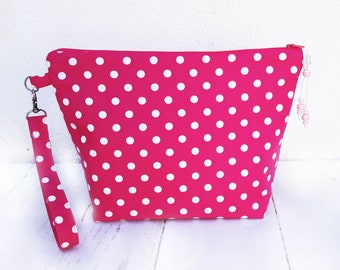 Large zipper pouch Pink dots pouch Cotton makeup bag Waterproof lining purse Cosmetic organizer girl Womens cosmetic bag Ideal gift for her