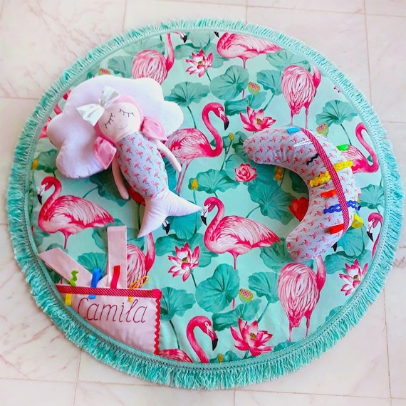 Personalized name baby play mat Pink flamingo kids tummy mat Play Mat,Baby Gym, Baby Activity Mat,Sensory Toys,Organic