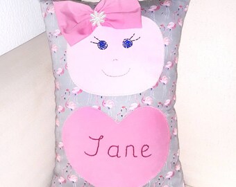 Personalized Cushion Baby Cozy Cushion Kids Heart Pillow Nursery Girl Decor Sleeping Cushion Flamingo Decor Girl Bow Pillow Gift Toddler