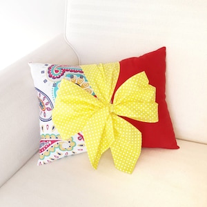 Decorative pillow with bow Throw pillow for kids Red girls room decor Yellow bow cushion pillow Baby girl nursery cushion Education pillow