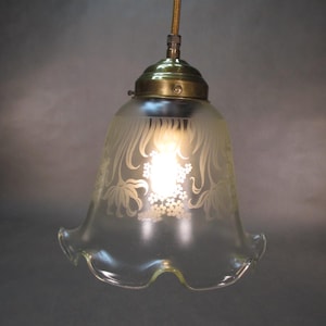 Lampada a sospensione Art Nouveau da 130 cm Lampada a sospensione vintage in ottone Lampada antica Paralume in vetro trasparente Motivo floreale con cavo tessile