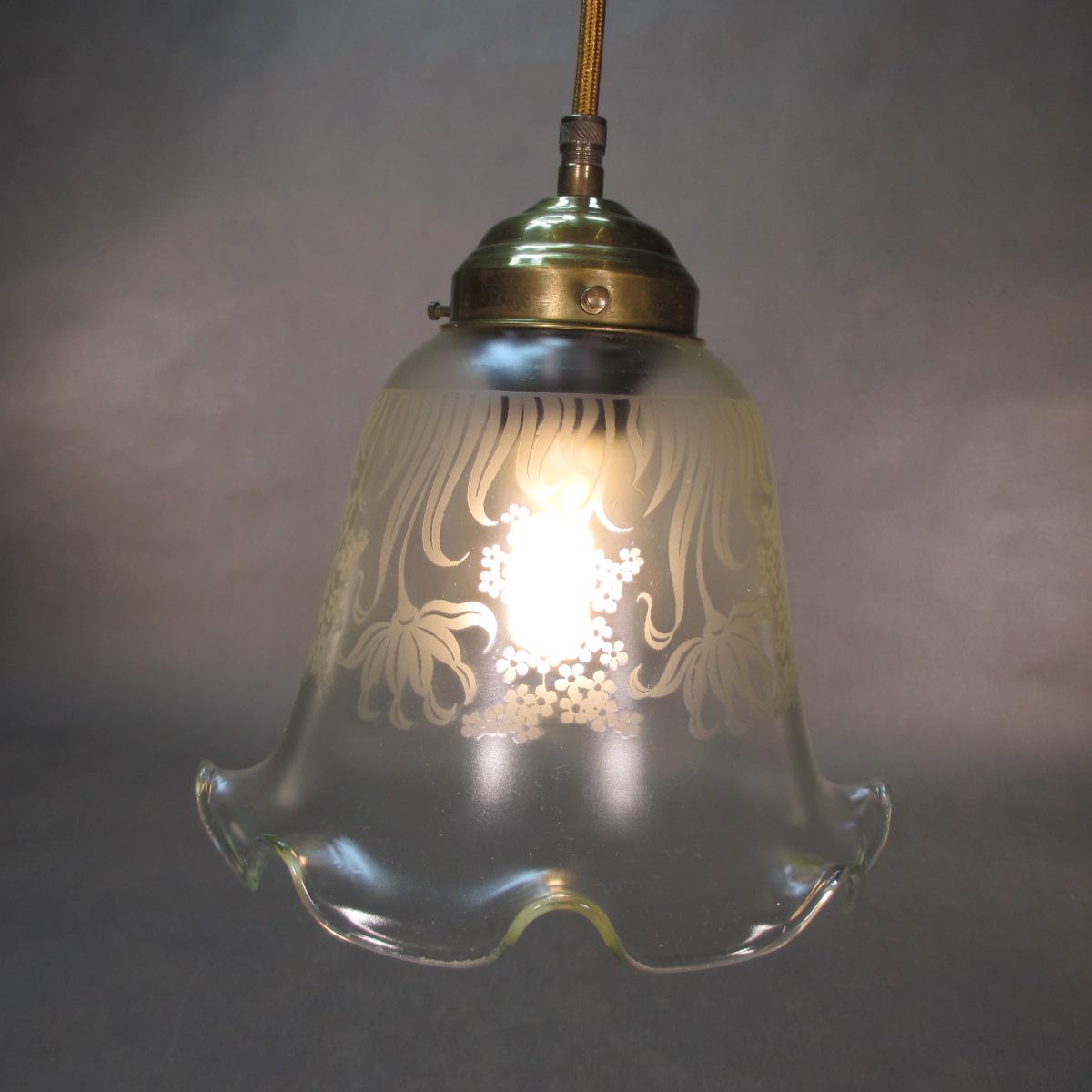 Art Nouveau hanging lamp 130 cm Vintage brass ceiling light hanging lamp Antique lamp Transparent glass shade Floral pattern with textile cable