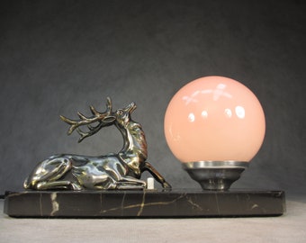 Art Deco lamp Art Nouveau lamp with marble base and brass deer Antique table lamp 50s lamp Vintage lamp Retro lamp