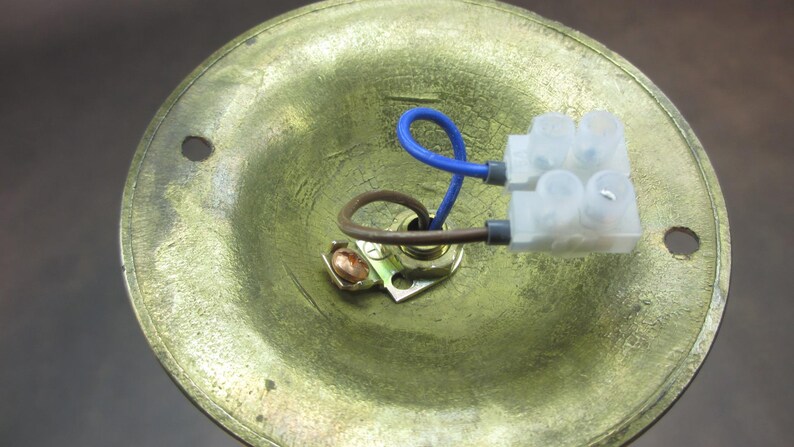 May include: Close-up of a brass ceiling fixture with a white plastic wire connector and blue and brown wires. The fixture has a round, recessed opening for a light bulb.