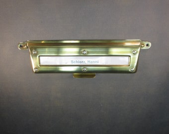 Art Deco letter slot, antique letter slot, vintage brass letter slot from the 40s with name field, two parts, made in Germany, old letter box