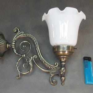 1 of 2 Vintage brass wall lamp antique style wall light Art Nouveau lamp snow white opal glass shade with cast brass bracket