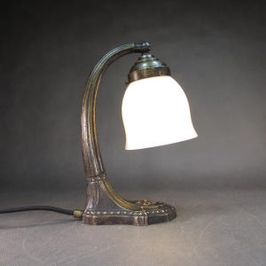Art Nouveau table lamp antique desk lamp vintage cast brass table lamp with fabric cable and snow-white opal glass lampshade