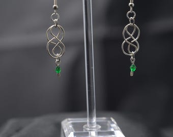Dangle Earrings: Infinity Knot with Green Beads