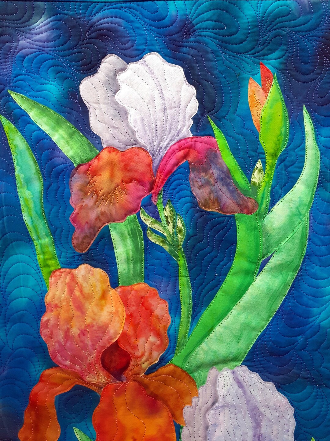 ART QUILT Handmade Fiber Art QUILT Floral Art Quilted Wall Hanging Iris