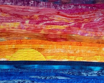 ART QUILT One-of-a-kind Beach Scene Quilt Sunset Sunrise wall art  Seaside Quilted Wall Hanging Oceanside  Fiber Art Textile Landscape Quilt