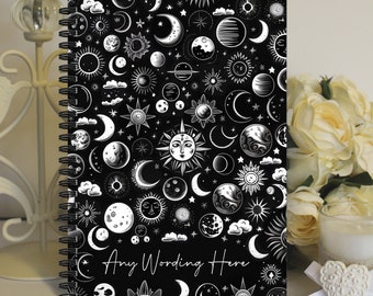 Personalised A5 Notebook Wirebound Softbacked Astrology, Sun stars, moon doodles themed