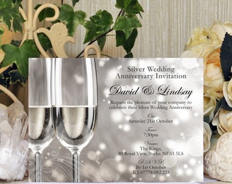 May include: A silver wedding anniversary invitation with two champagne flutes. The invitation reads "Silver Wedding Anniversary Invitation" and includes the names "David & Lindsay", date, time, and venue information.