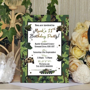 May include: A green camouflage patterned invitation for Mark's 11th birthday party. The invitation includes details about the party location, date, time, and contact information for RSVP.