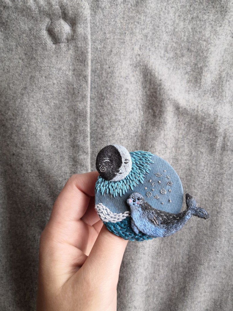 Brooch Marine history moon brooch hand embroidery seal sea brooch magic brooch
