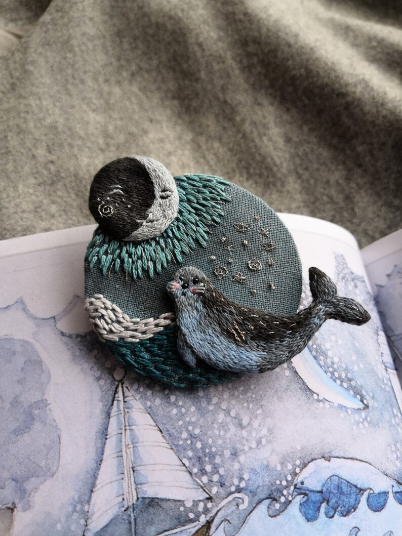 Brooch Marine history moon brooch hand embroidery seal sea brooch magic brooch