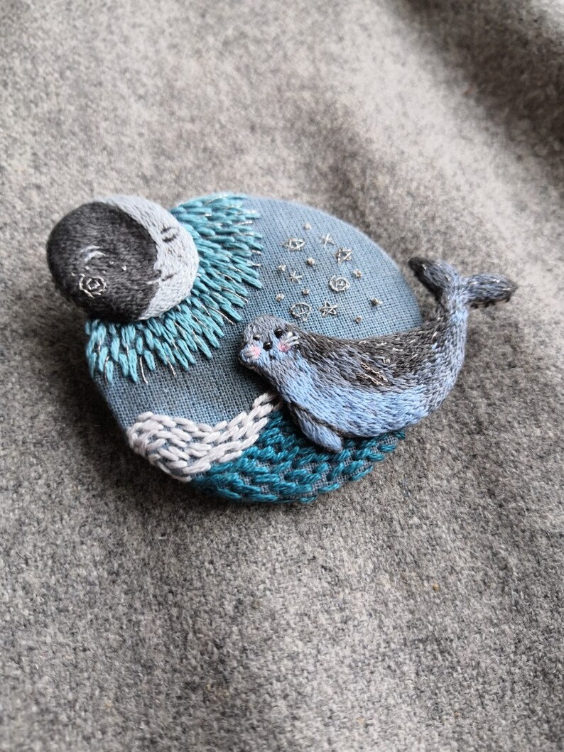 Brooch Marine history moon brooch hand embroidery seal sea brooch magic brooch
