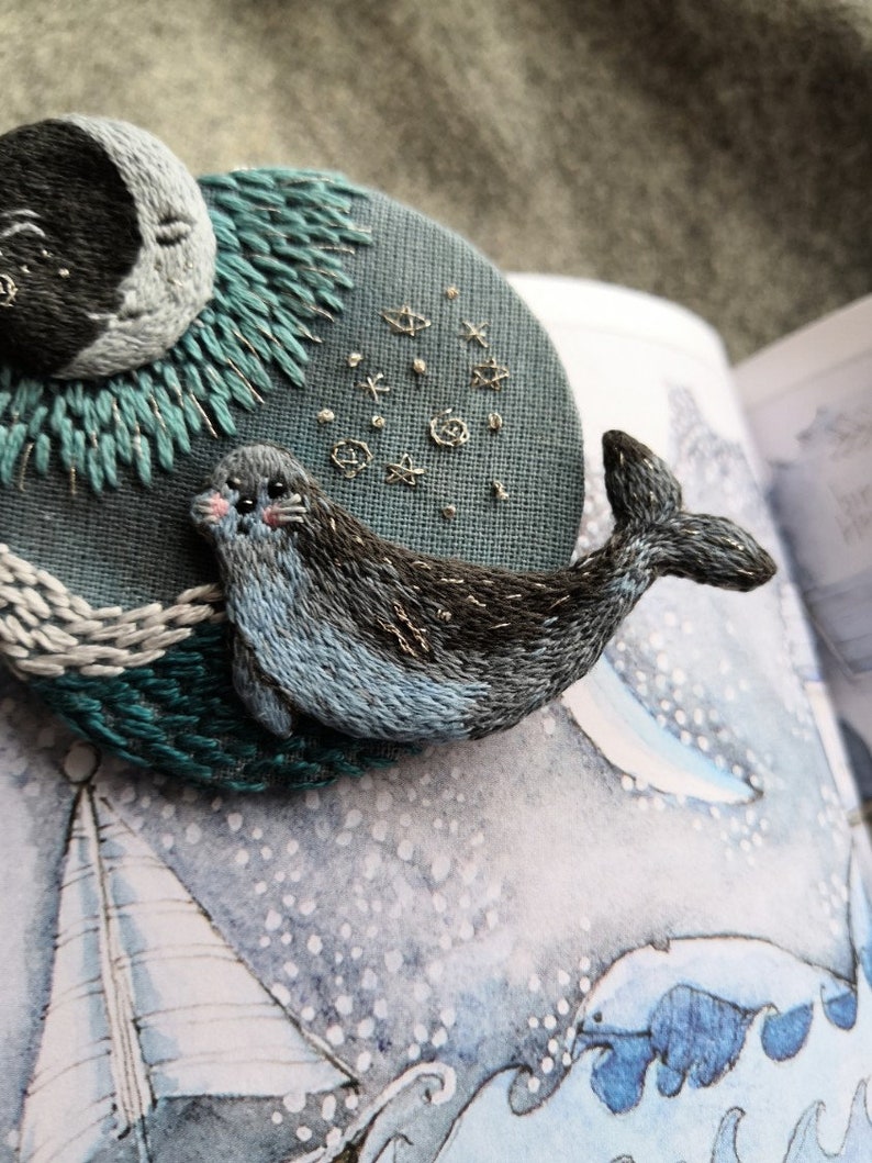 Brooch Marine history moon brooch hand embroidery seal sea brooch magic brooch