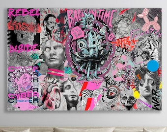 Cartoon Graffiti Canvas Print: Urban Pop Street Art Collage