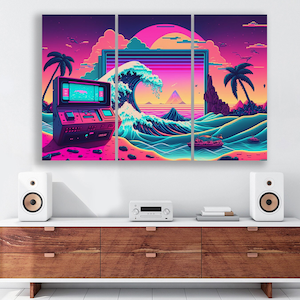 Kanagawa Neon & Vaporwave Canvas Retro 80's The Great Wave Off Kanagawa Pop Art Wall Art Canvas Print Decor Game Room