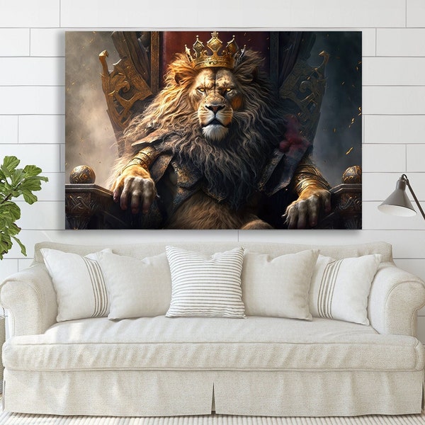 King Lion Canvas & Throne Crowned Lion Print Wall Decor for Man Canvas wall art Decor Home Room