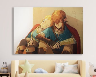 Cuadro de Zelda y Link, Breath of the Wild, decoración para habitación infantil.