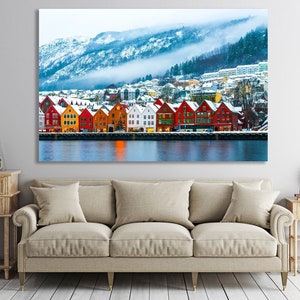 Bergen print on Canvas, Bergen Poster & Bergen Wall Art, Norway Print, Bergen Print, Norway painting, Norway picture, landscape room decor