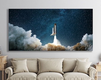 May include: A white space shuttle launches into a dark blue sky filled with stars. The shuttle is surrounded by white clouds and smoke trails.