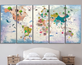 Animal World Map Canvas Print, Kids Nursery Decor
