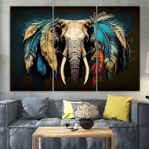 Tela abstrata de elefante com fundo preto, impressão em tela com elefante, arte de parede emoldurada, extra grande, decoração de parede, tela vintage