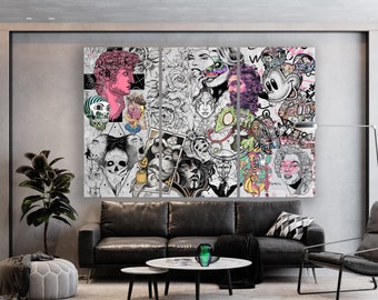 Cartoon Graffiti Canvas Print: Urban Pop Art Collage, Modern Wall Decor