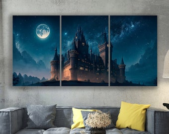 Castle Moonlight Canvas & Starry Night Sky Fantasy Wall Art Print Dark Castle Extra Large Wall Art Decor Room Wall Art