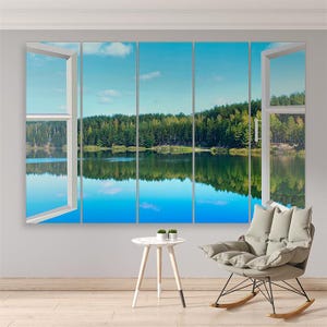 Window View Canvas Forest Lake Landscape Panoramic  Wall Art for Living Room Bedroom Framed Canvas
