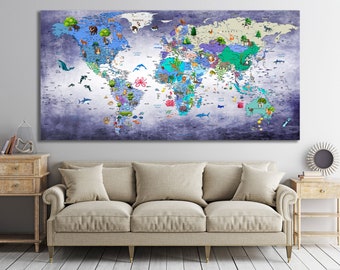 Animal World Map Canvas Print, Kids Nursery Decor