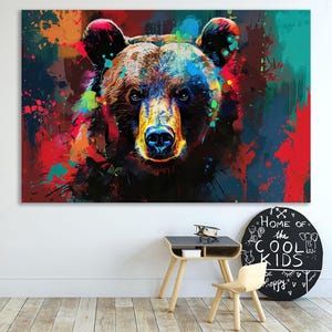 Bear Colorful Canvas Print Abstract Animal Large Wall Art Wildlife Painting Pop Art Bear Head Home Gym Decor Bold Modern Bear Canvas Art