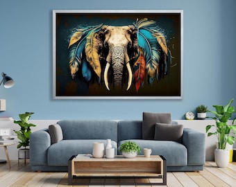 Lienzo abstracto de elefante, estampado de animales con plumas coloridas