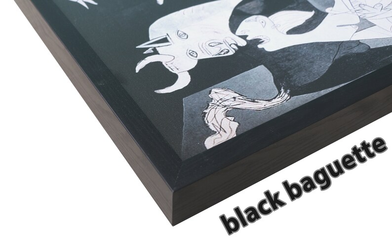 May include: A black and white abstract painting of a bull and a woman, framed in a black wood frame with a black baguette.