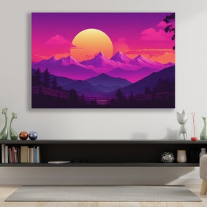 Impression sur toile Vaporwave Sunset des années 80 : Art mural montagne Synthwave