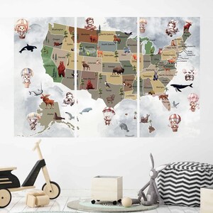 Carte des États-Unis en toile pour enfants, décoration murale pour chambre d'enfants, carte de voyage, art pour chambre d'enfant, carte des États-Unis, impression de l'atlas, toile encadrée, décoration murale pour la maison