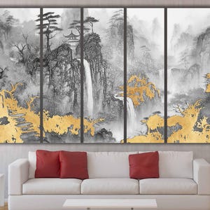 Asiatische Landschaft Leinwanddruck - Wasserfall Wandkunst mit Goldakzenten, Zen chinesische Tuschestil Malerei für Haus oder Büro Dekor Leinwand Wandkunst